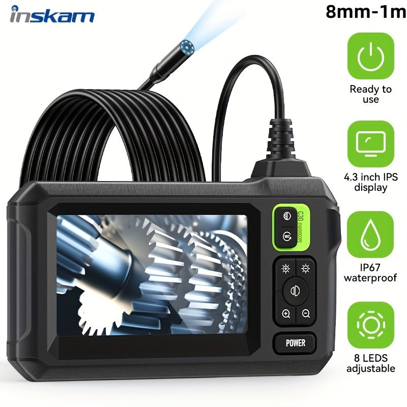 Inskam 4.3" Industrial Endoscope with IPS LCD Screen, 8mm Single Lens, and USB Rechargeable Battery for Auto Repair & Plumbing.