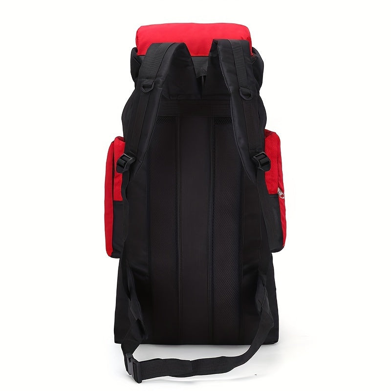 Large 80L hiking backpack with multiple pockets, ideal for outdoor activities. Casual design for men and women, with adjustable shoulder strap and snap closure. Easy to clean with polyester