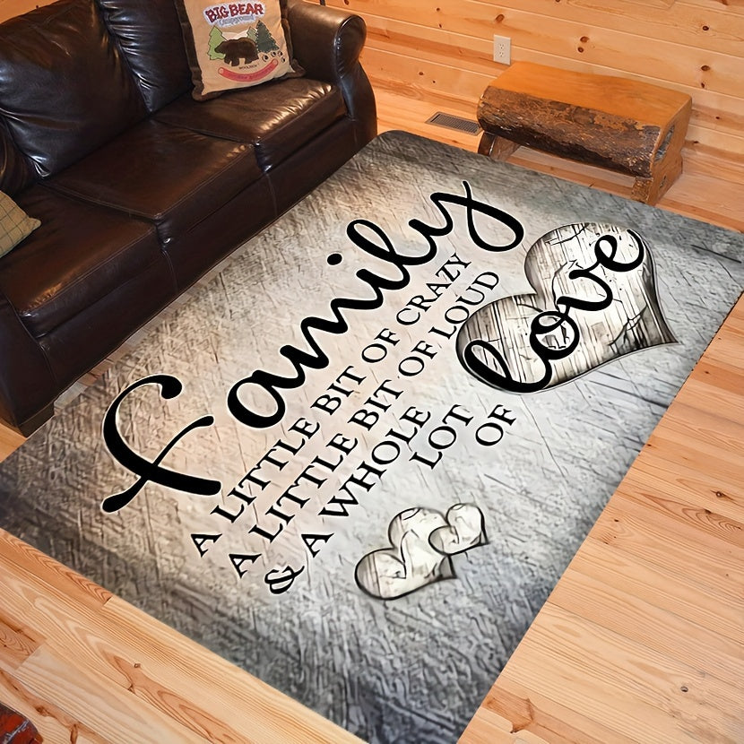 Handmade Polyester Doormat for Home - Non-Slip, Washable and Soft Decorative Mat with Family Quote. Durable Indoor Entrance Rug for Living Room and Kitchen - Featuring Black Wooden Design with Heart Patterns.