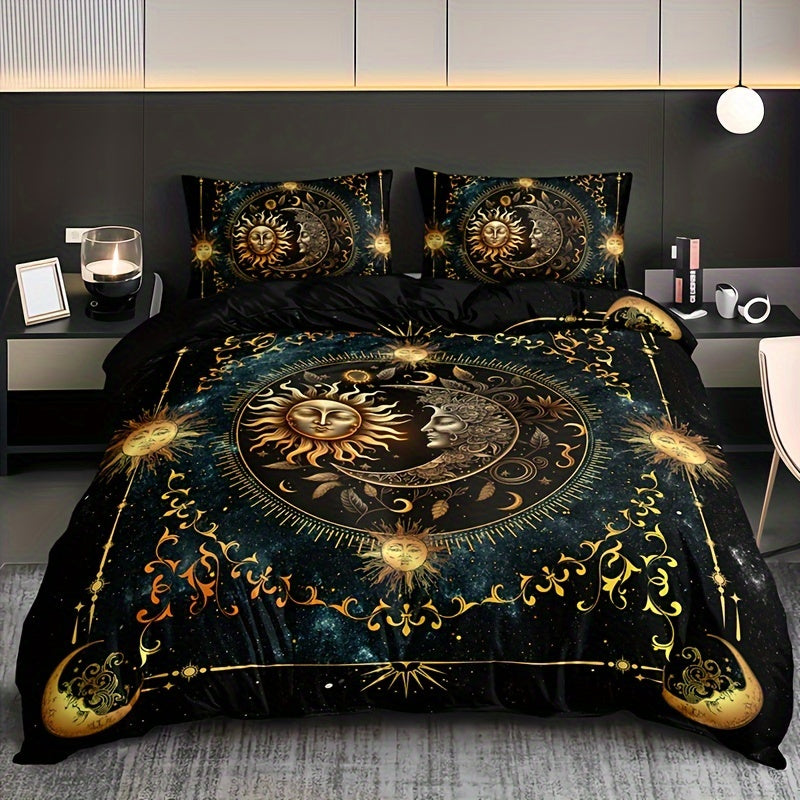 Golden Astrological Design 3 Piece Sun and Moon Celestial Digital Print Duvet Cover Set made of 100% Polyester. Machine Washable, Breathable Fabric for All-Season Comfort. Set includes 1 Duvet Cover and 2 Pillowcases (No Insert). Perfect Christmas