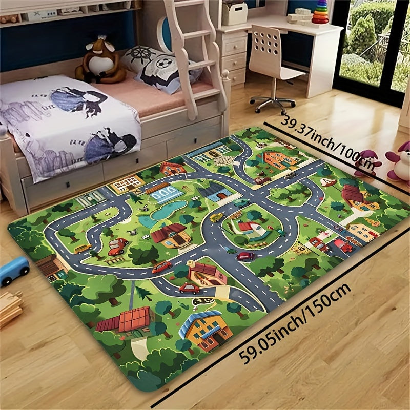 Green cartoon village design carpet suitable for use in children's rooms, bathrooms, kitchens, living rooms, bedrooms, interior doors, and entryways. The carpet has a thickness of 8mm and can be machine washed. Ideal for adding a decorative touch to your