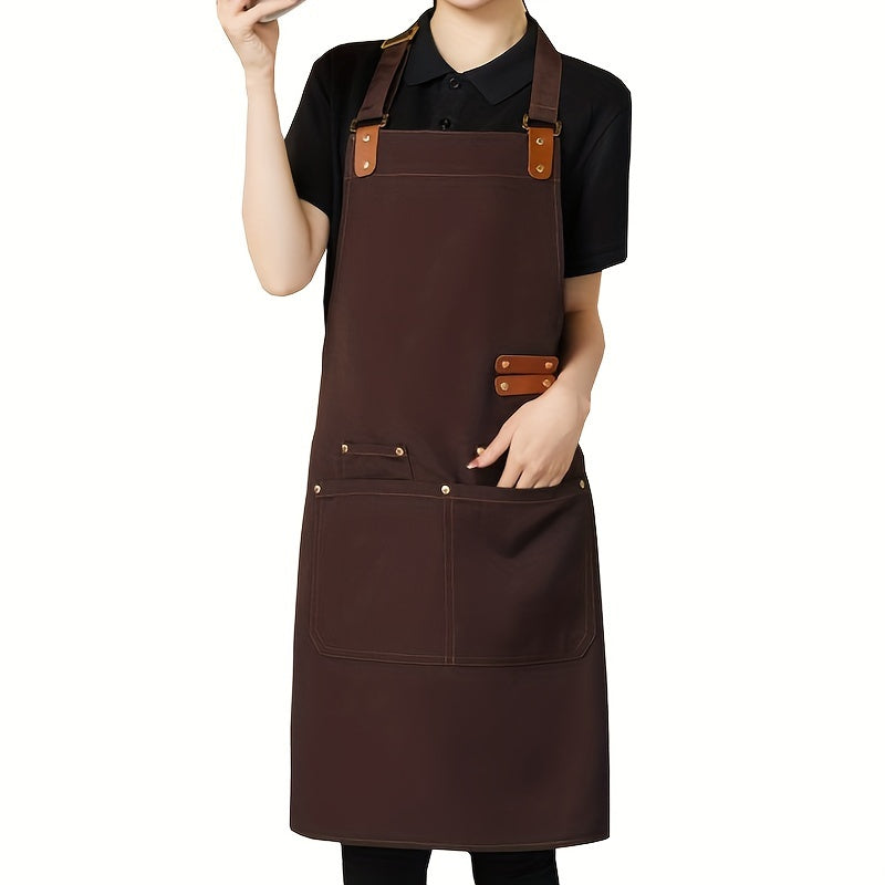 Versatile waterproof canvas apron with faux leather accents, perfect for kitchen, catering, and milk tea shops. Features durable polyester construction and stylish solid color design.