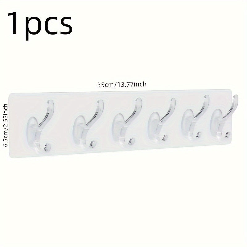 1 piece of adhesive row hooks with six linked transparent seamless hooks that are oilproof and waterproof.