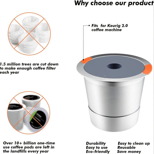 Stainless Steel Reusable K-Cup Filters in 1, 2, or 4 Pack Options - Compatible with Keurig 2.0 & 1.0 Coffee Machines and K-Cup Coffee Makers - Universal K-Cup Pods Included