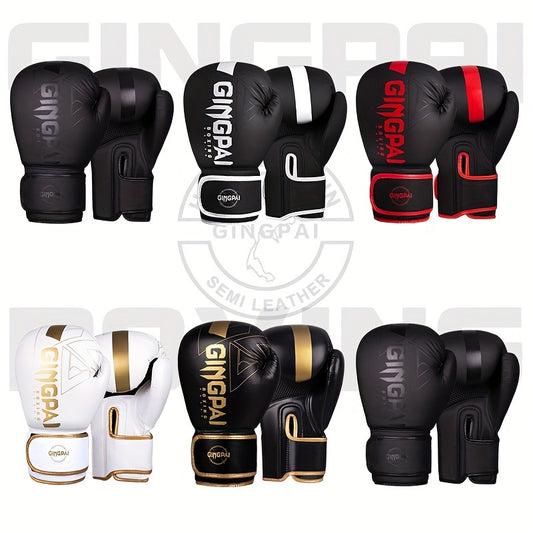 Adult boxing gloves for men and women, suitable for Muay Thai sparring and MMA training. Made of durable faux leather with adjustable strap closure in multiple sizes (6oz-14oz). Comes in a