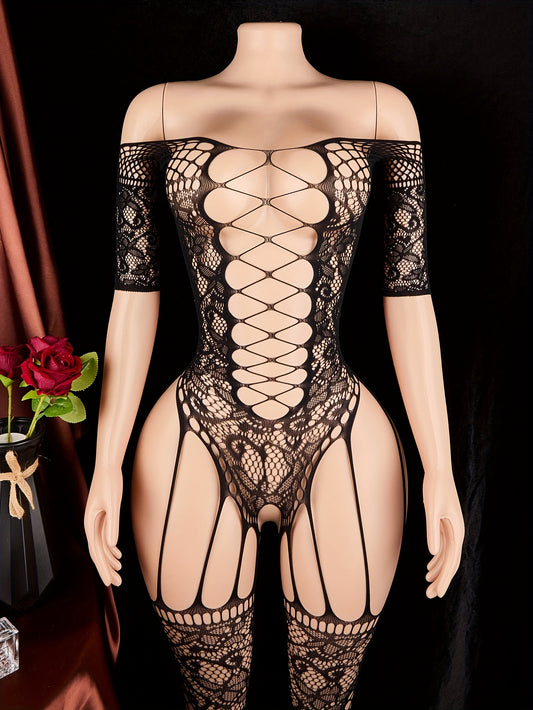 Sexy one-shoulder fishnet body suit with open crotch and cross pattern, perfect for Valentine's Day.