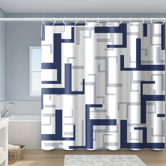 Blue geometric shower curtain with hooks, waterproof and machine washable, ideal for windows and bathroom decor.