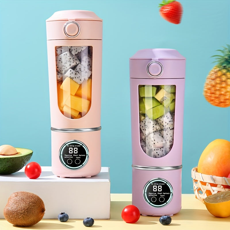 Portable juicer with digital display, compact design, and USB rechargeable battery. Suitable for making smoothies, milkshakes, and fresh fruit juice. Features easy-cleaning 12-blade system, double lid, and ice crusher. Perfect for travel and on-the-go