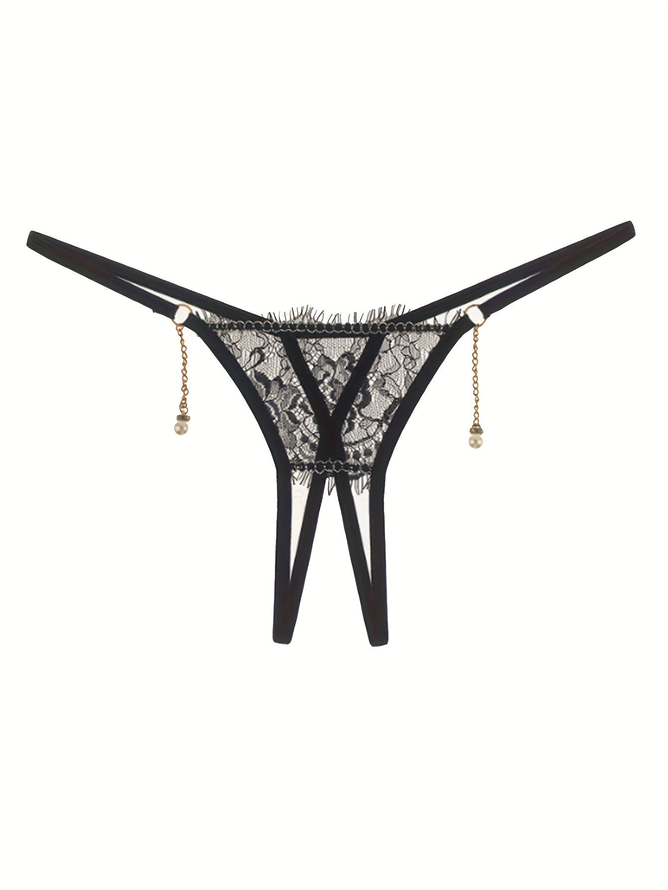 Floral lace thong with pearl pendant, open crotch design, low waist lingerie for women.