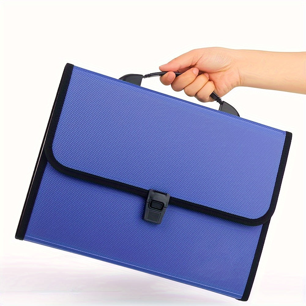 Waterproof A4 Accordion File Organizer with 13 Pockets for Students and Professionals, available in Blue and Black.