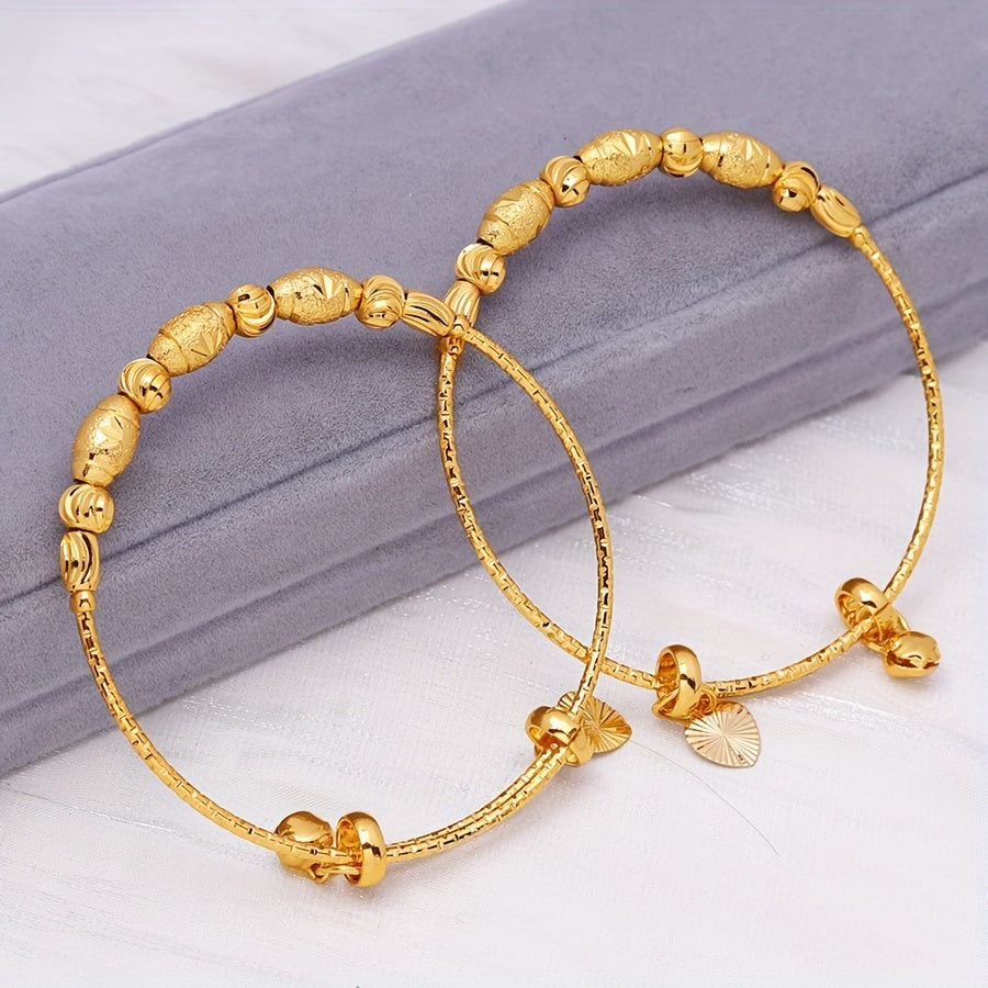 Set of 2 Adjustable Bangles in 24k Gold Plating with Beads, Traditional Middle Eastern Design, Perfect for Bridal Wedding Jewelry for Women