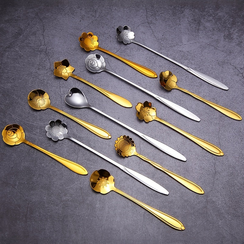 Golden stainless steel coffee and dessert spoons set with floral and geometric designs, ideal for tea, cake, and ice cream; great for weddings and coffee bars.