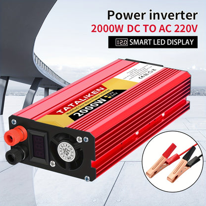 2500W-600W car power inverter with multi-function charger plug, converting DC 12V to AC 220V. Includes USB charger for RV, travel, and Euro regulation sockets. No battery required.