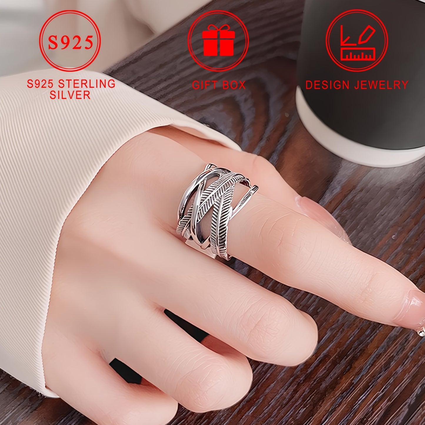 925 Sterling Silver Feather Ring with Infinity Theme Cross Band, High-Quality Hip Hop Style Fashion Jewelry, Gift Box Included for Daily Wear & Gift-Giving, Earth Day celebration accessory.