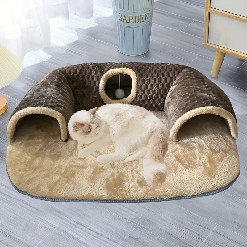 Cozy cat tunnel bed with play mat and warm nest for small to medium pets.