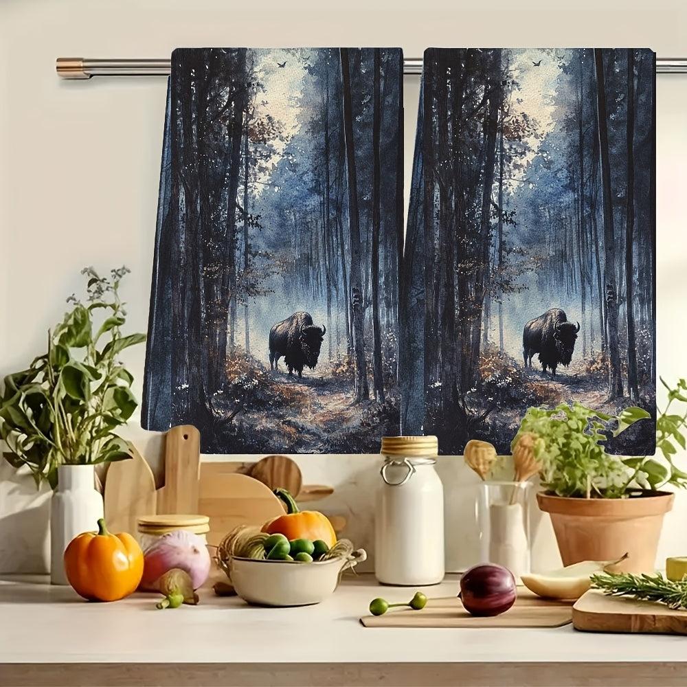 Ultra Soft Kitchen Towels featuring Majestic Bison in Woods Scene - Set of 2. Highly Absorbent, Machine Washable Dish Hand Towels with Contemporary Style. Size: 40.64x60.96 cm. Made of Ultrasoft Polyester. Perfect for any modern kitchen.