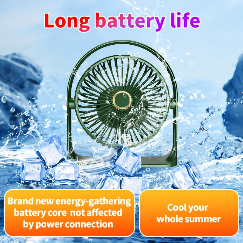 Compact LED table fan featuring a backlight, 6-inch size perfect for personal use. Rechargeable via USB with a long-lasting 1200mAh lithium battery for quiet operation. Great for office, fishing, camping, and travel. Makes an ideal gift for Father's Day