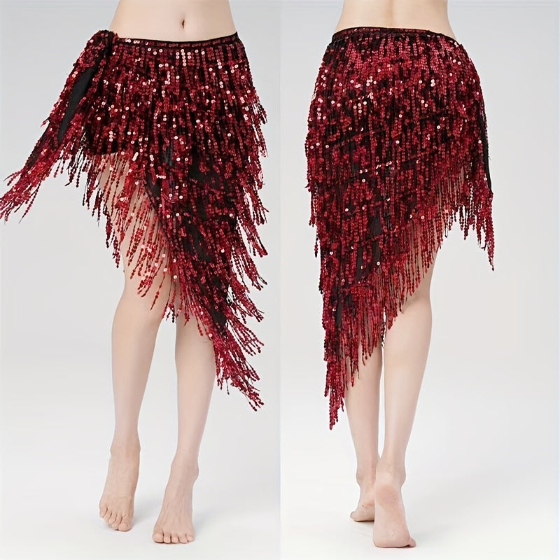 Sequined tassel skirt ideal for energetic belly dance performance.