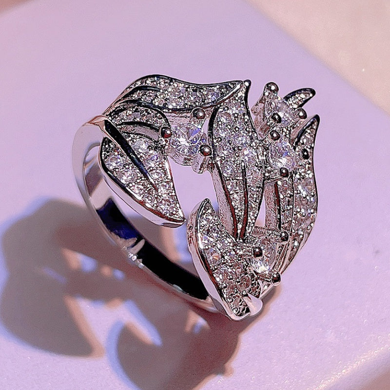 Casual Accessories - Women's 925 Silver Plated Micro Pave Zirconia Flower Leaf Rings Designed for Personality Fashion