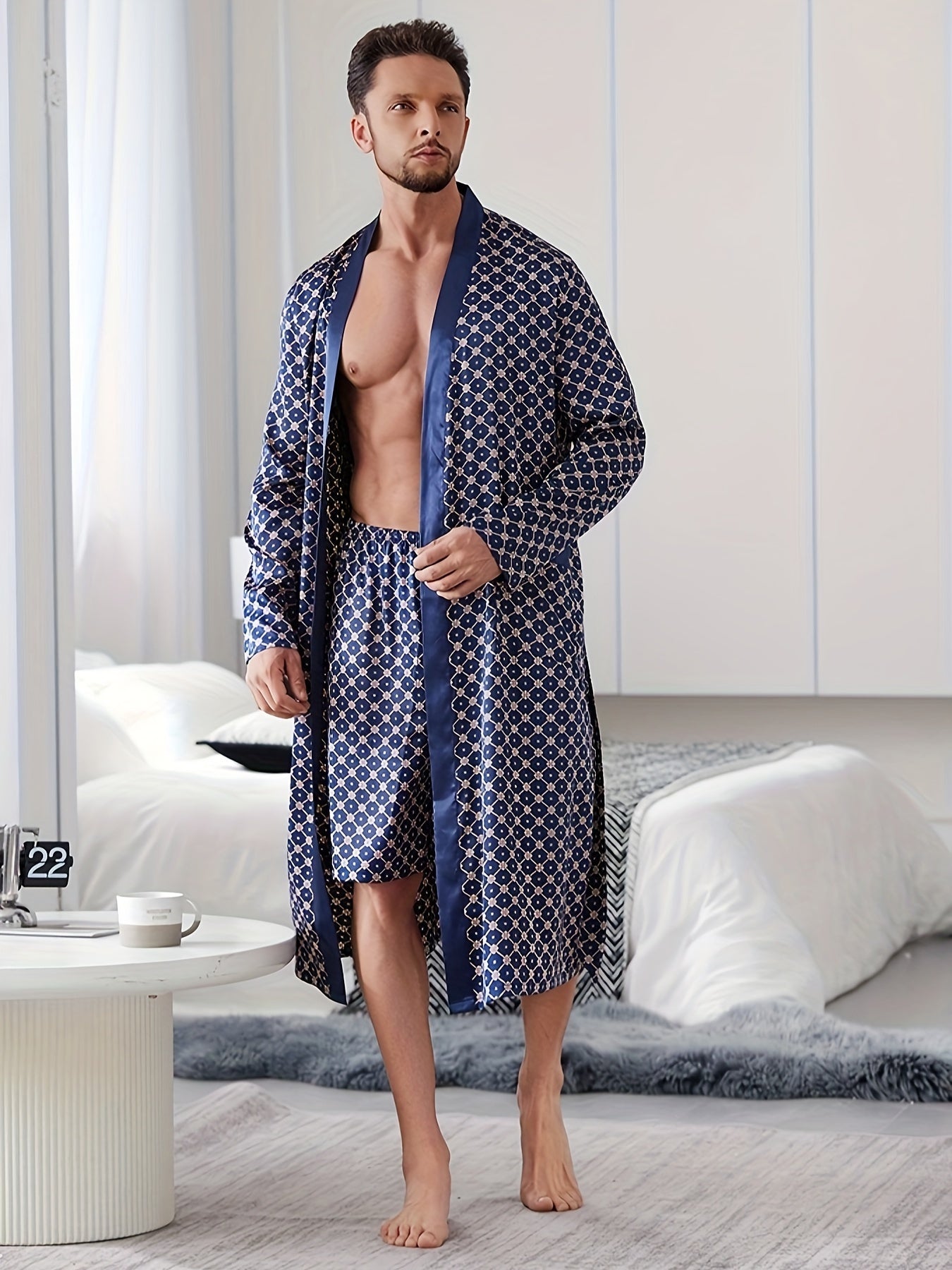 Men's Casual pajama set with V-neck robe, belt, and random print design, made of soft, machine washable polyester non-stretch fabric.