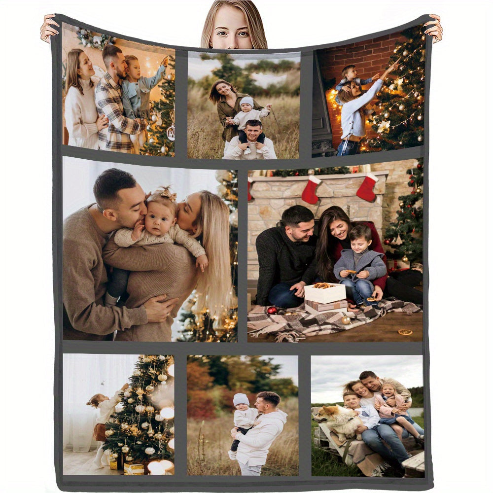 Customize your cozy flannel blanket with a personal photo! This soft and warm memory blanket is perfect for couples or families and is ideal for use in the office, bed, sofa, armchair, napping, camping, or travel. The machine washable blanket features a