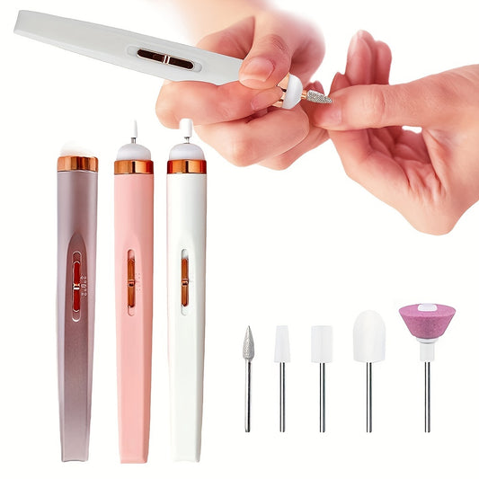 Portable electric nail drill with 5 attachment bits, LED light, adjustable speed, USB charge for manicure and nail care.