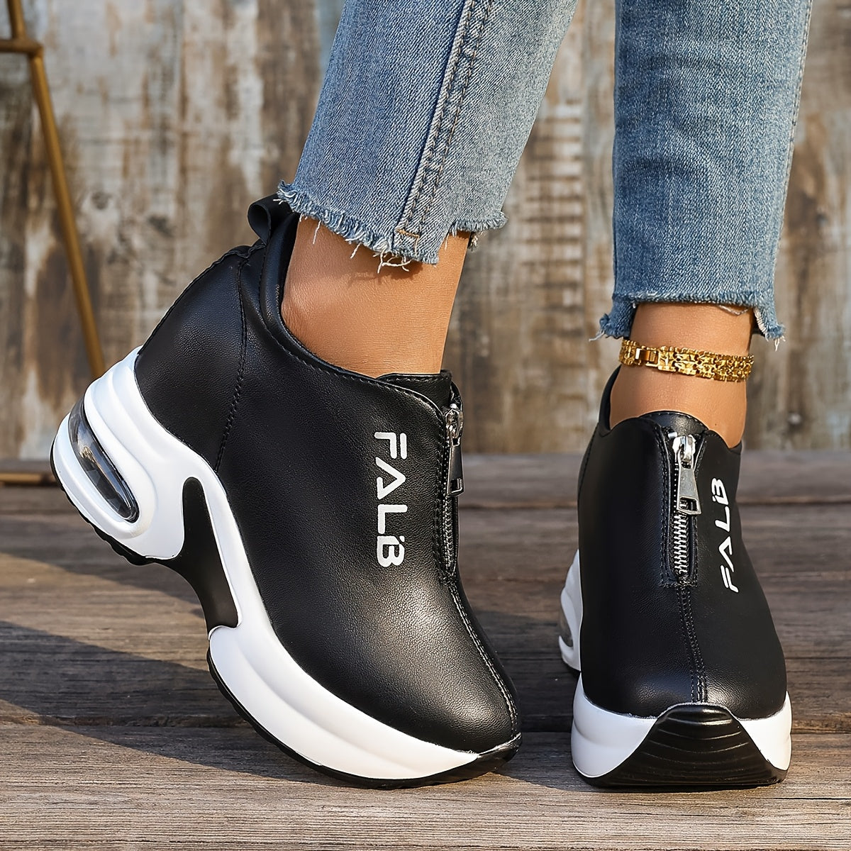 1 Pair Women's Fashion Sneakers with Air Cushion, Zipper Closure, Solid Color, Low Top, and Rubber Sole.