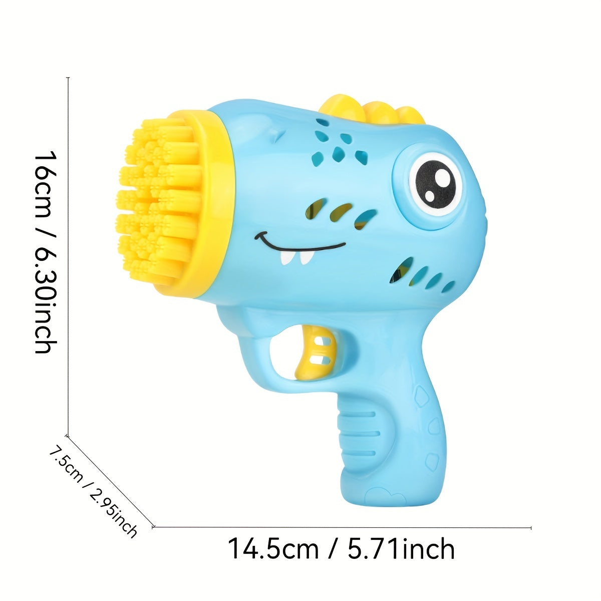 Children's Electric Dinosaur Bubble Gun with 36 nozzles, handheld and automatic, perfect outdoor party toy for ages 3-6, featuring LED light and made of plastic.