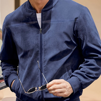 Casual and stylish navy blue jacket for men, lightweight with stand collar and full-zip design. Made of polyester blend, ideal for spring and autumn.