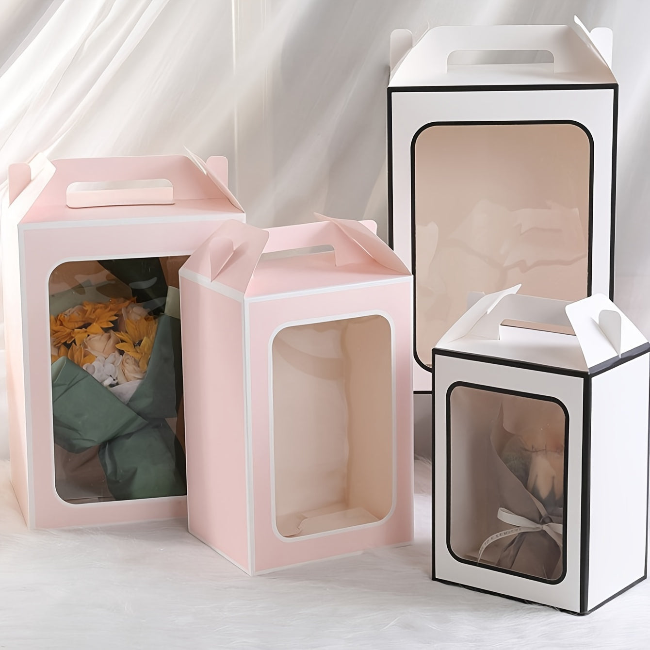 2 cake boxes with a clear window, perfect for displaying baked goods like cupcakes, chocolates, cookies, pies, and other pastries. Great for birthday party favors, wedding party gifts, or as a handy storage solution for baking tools and kitchen