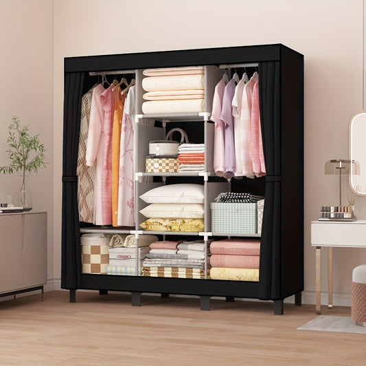 Modern Black Fabric Wardrobe by OUMYJIA, Durable Steel Frame, Multi-Layer Storage System for Rental Properties, Dorms, and Homes. Includes 12-16mm Metal Pipes for added stability. Easily Portable Closet Solution.