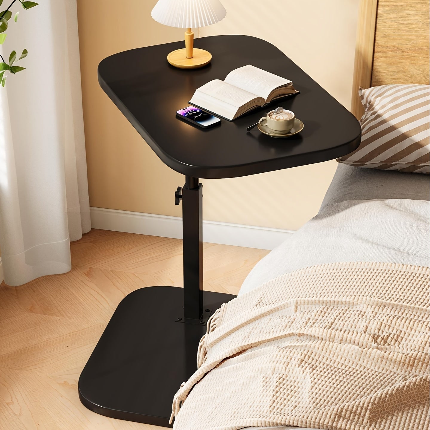 Contemporary Style Adjustable Height Side Table- Swivel Top Artificial Board End Table, Mobile Sofa Side Table, Multipurpose Bedside Cabinet, Hardwood High-Density Fiberboard Construction, No Power Supply Required