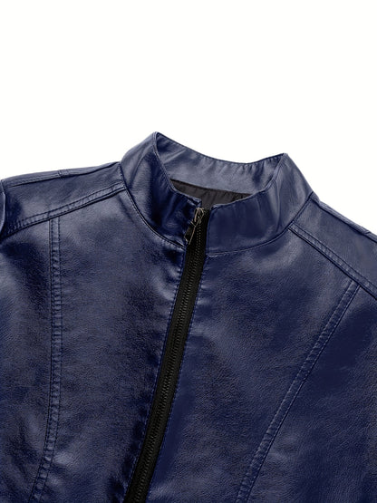 Men's Casual PU Leather Jacket with Stand Collar and Zipper Placket, Regular Fit and Long Sleeve, Non-Stretch Woven Moto Style Outwear.