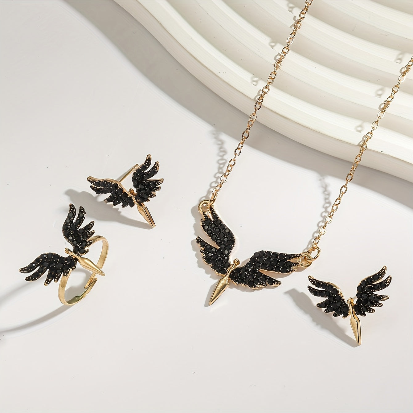 Women's Angel Wing Jewelry Set in Golden Tone with Black Accents - Includes Necklace, Earrings, Ring - Suitable for all occasions, great gift for Mom or friend.