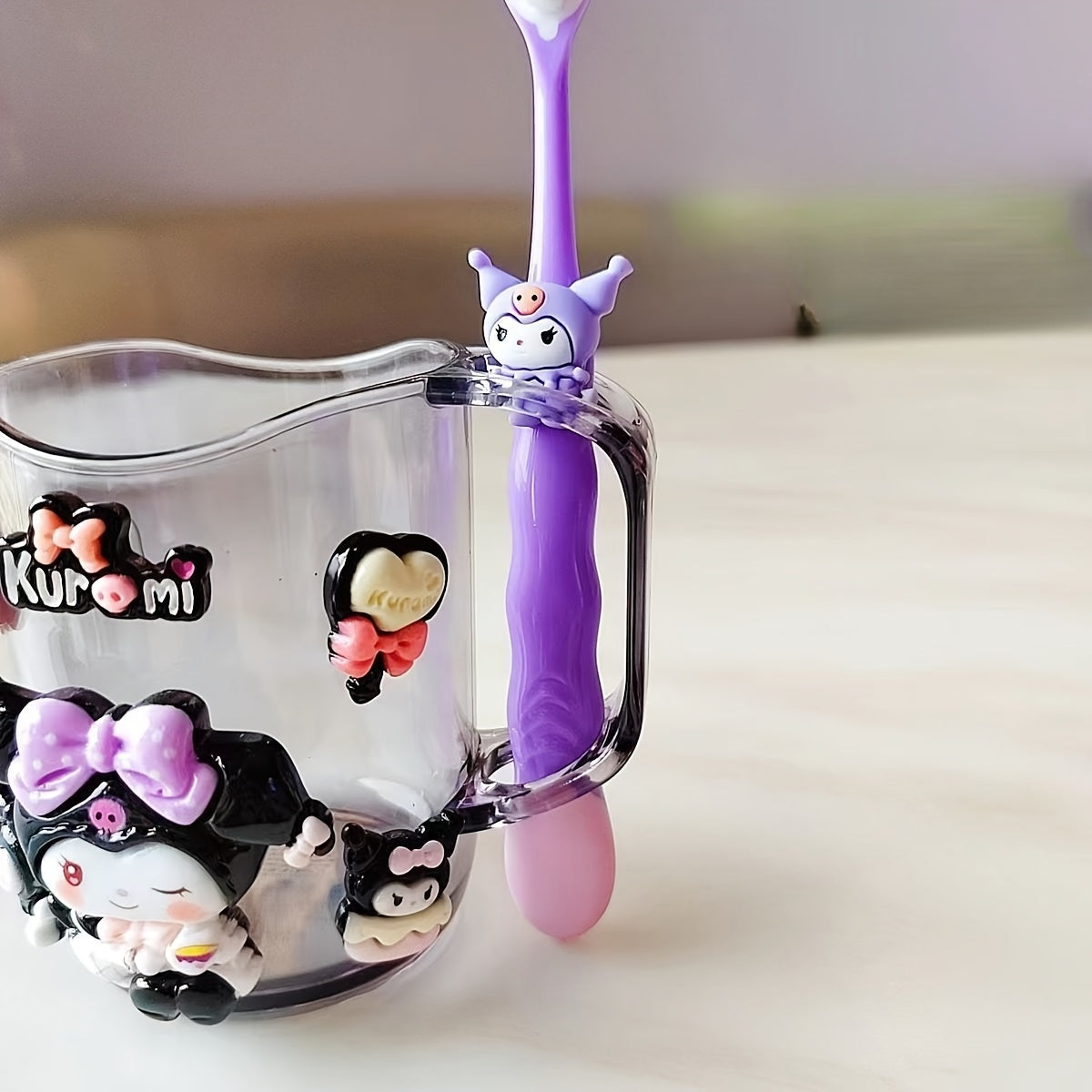 2pcs Sanrio Cute Cartoon Kuromi, Melody toothbrush holder set made of durable PP material for both men and women. Includes mouthwash cup and toothbrush.