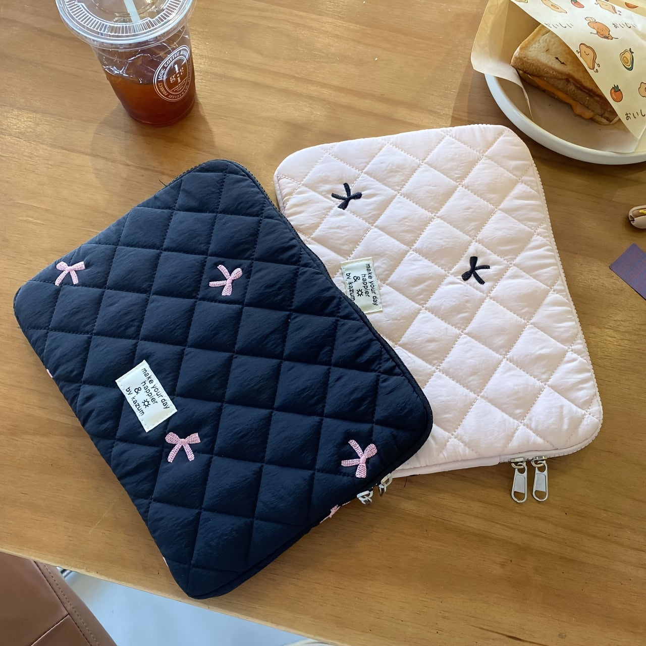 Bow-Embroidered Laptop Sleeve made of Durable Polyester with Checkered Pattern. Fits 10/11", 13/14", 15/15.6" Tablets & Notebooks.