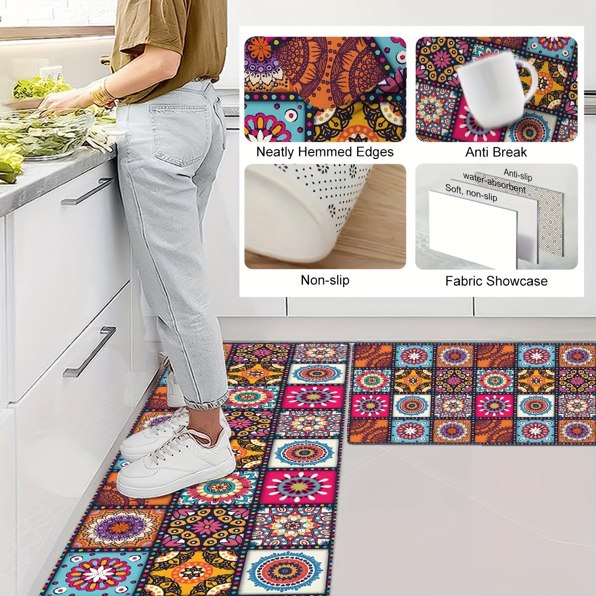 Colorful Boho Kitchen Mat, 1 Piece, Non-slip and Oil-proof Entrance Doormat, Ideal for Kitchen, Living Room, Laundry Room, and Bathroom, Absorbs Water, Adds Aesthetic Appeal to Any Room