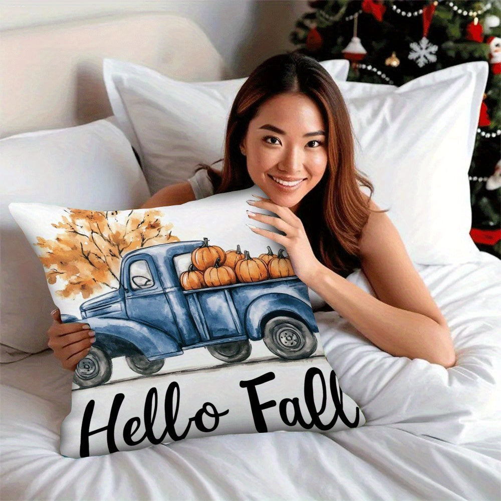 Set of 2 contemporary flannel pillow covers, measuring 45.72x45.72 cm each. These machine washable cushion cases feature a zippered closure and a charming fall pumpkin truck design. Perfect for all seasons, these pillowcases are ideal for back sleepers