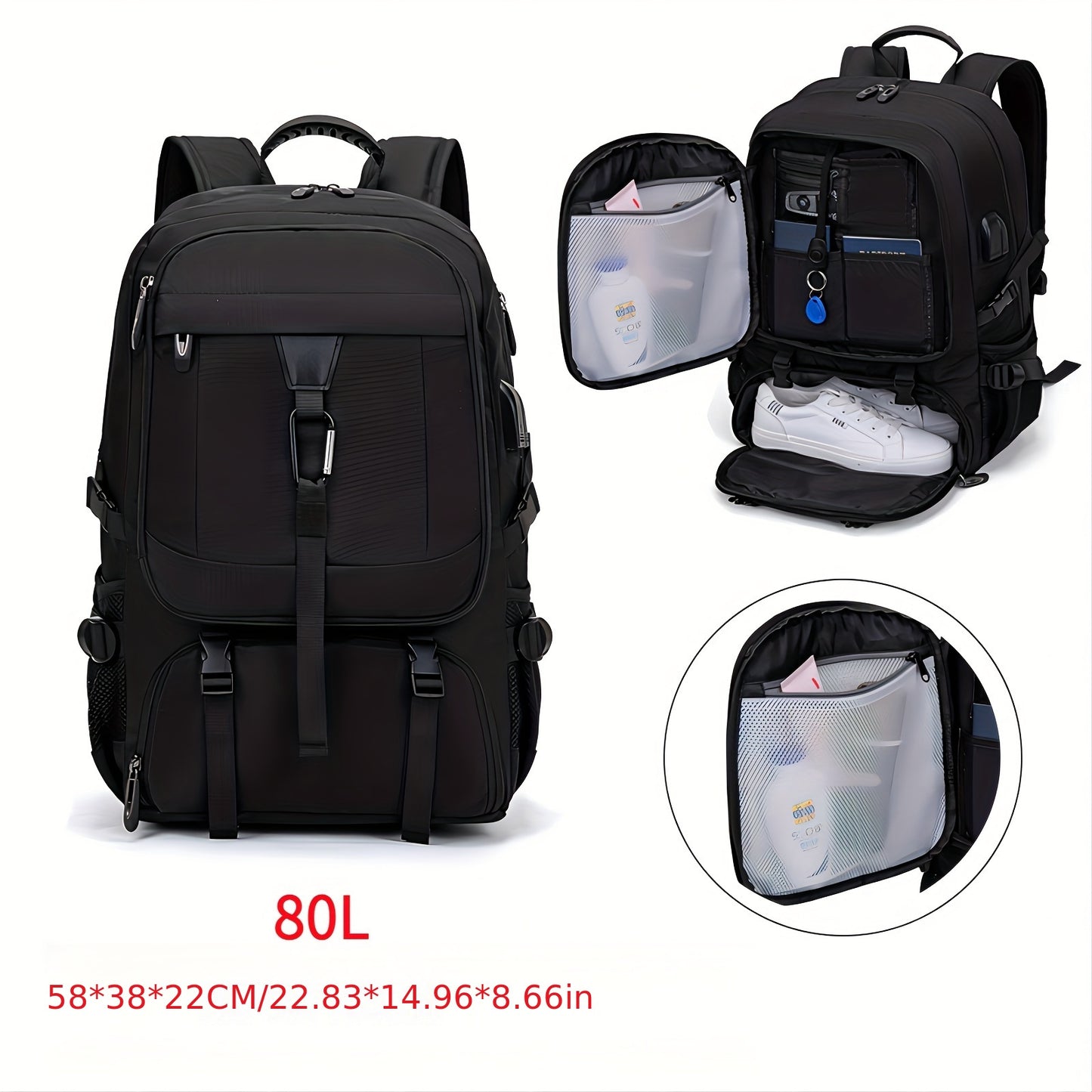 50-80L Travel backpack with shoe compartment, laptop sleeve, and expandable capacity, suitable for sports, hiking, short business trips.