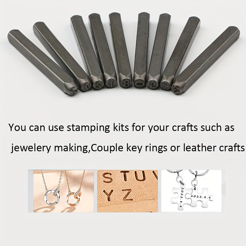 Alloy steel stamp set for imprinting on various materials such as metal, plastic, wood, and leather. Great for crafting and arts.