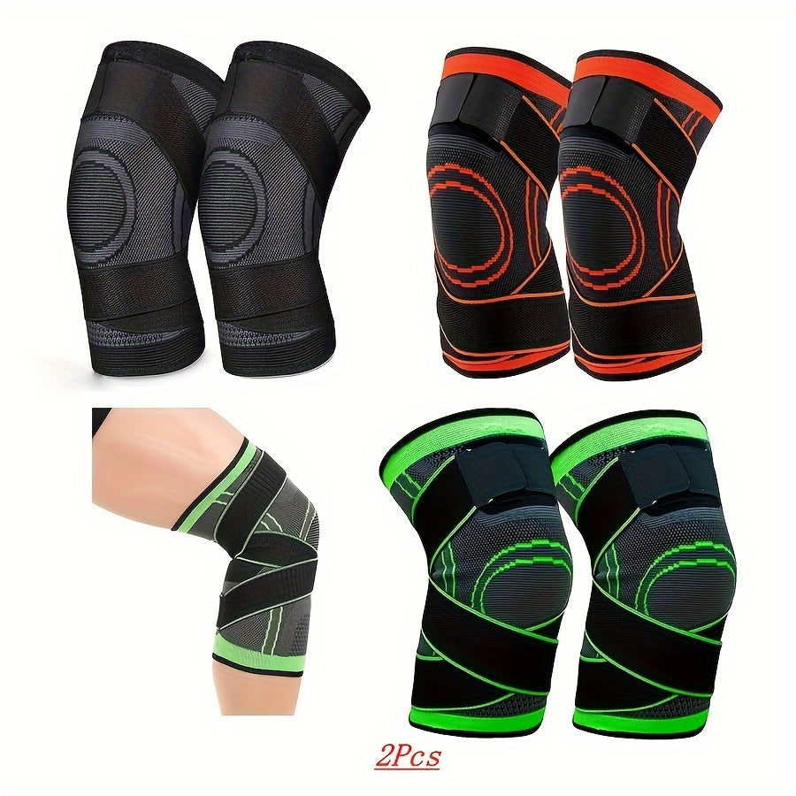 High-elastic compression knee braces in black/red/green stripes for men and women, perfect for running, cycling, fitness, weightlifting, and climbing. Features adjustable strap wrap and