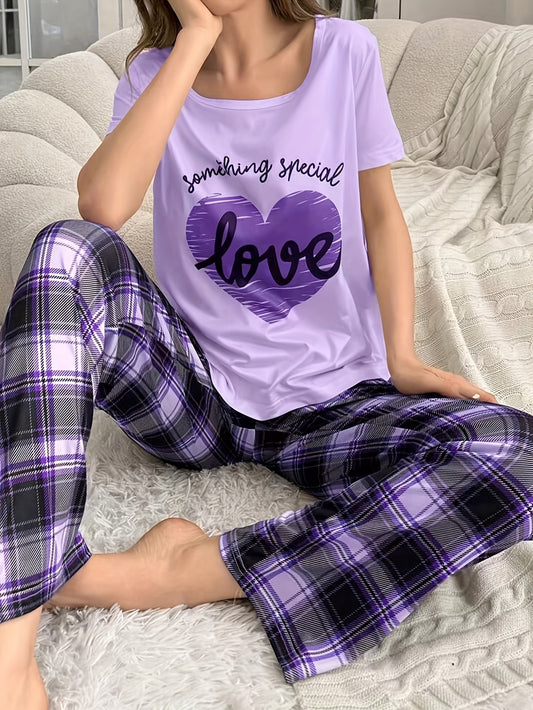 Casual Heart & Letter Print Pajama Set for Women, Short Sleeve Top & Plaid Pants, Relaxed Fit.