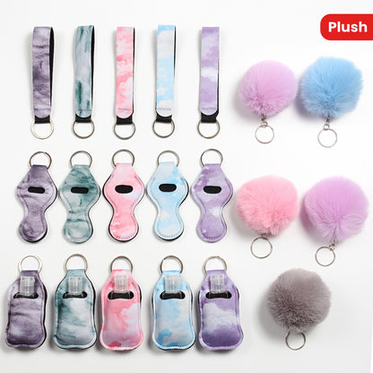 Set of 20 lipstick cases, sanitizer bottle keychain pendants, and plush ball ornaments in a bottle case design.