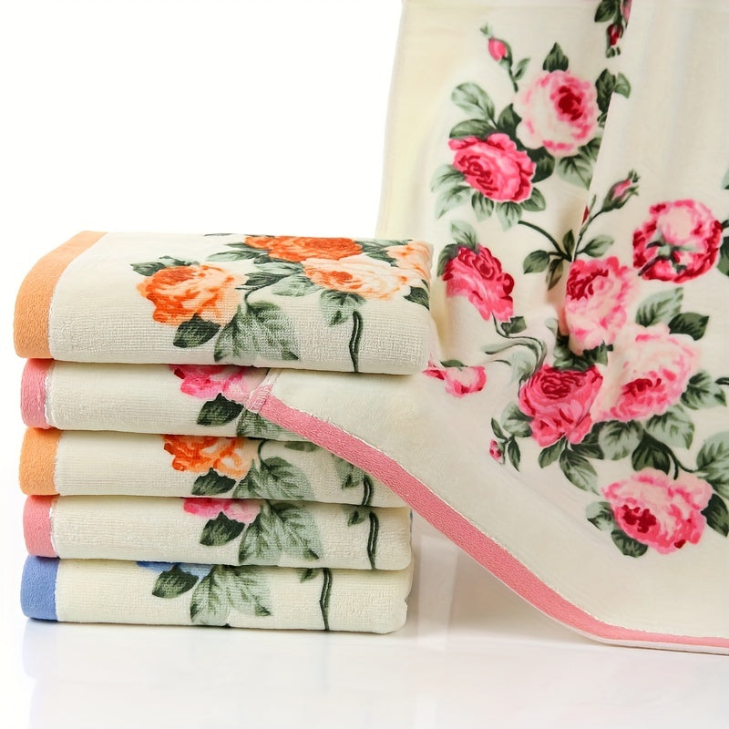 Flower pattern cotton towel, quick-dry hand and bath towel for home bathroom.