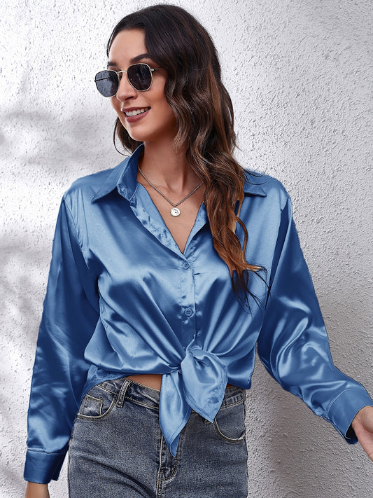 Women's Elegant Satin Shirt with Lapel Collar, Polyester, Solid Color, Regular Length, Single Breasted