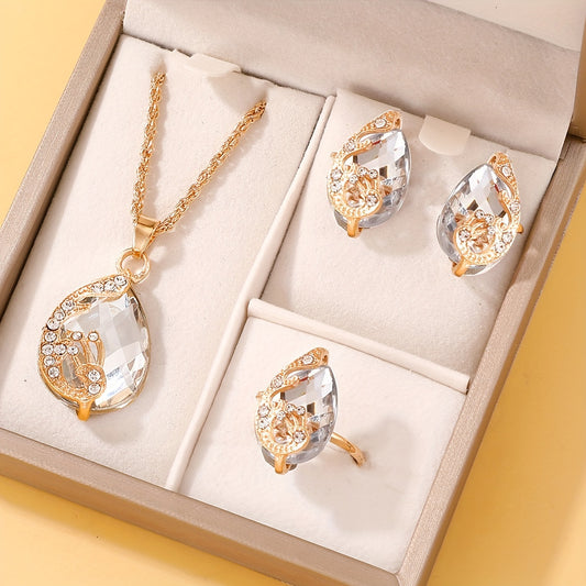 4-piece elegant teardrop glass rhinestone jewelry set for women featuring alloy necklace and earrings in a simple vacation style. Suitable for daily wear and gifting occasions, made with