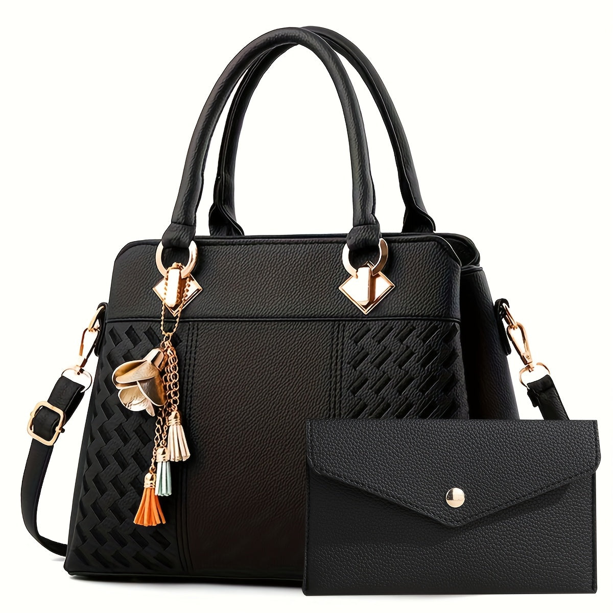 Stylish women's tote bag set in black with removable strap, zipper closure, polyester lining, includes crossbody and clutch. Large capacity and fashionable, perfect for Mother's Day or