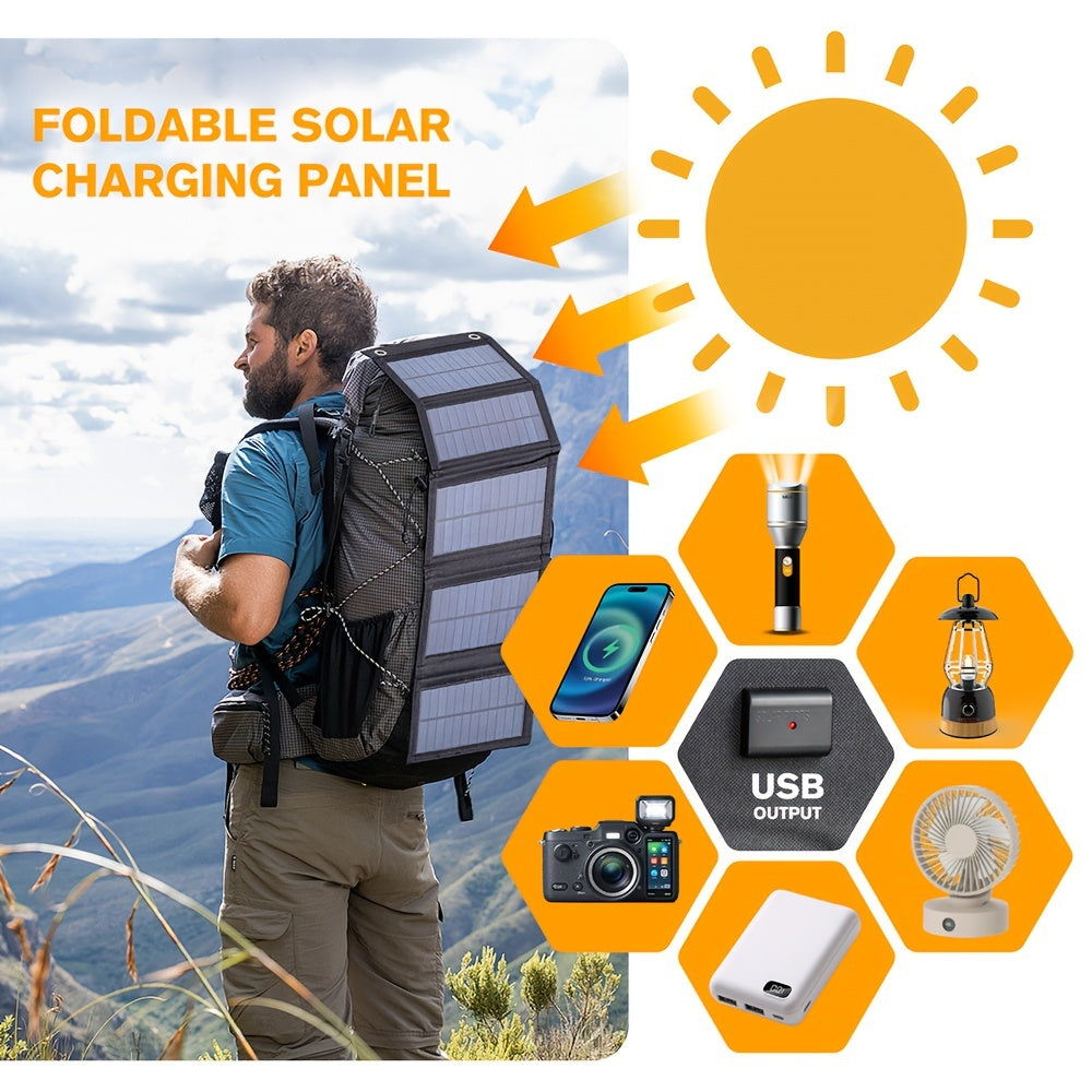 1x 35W Portable Solar Folding Charger Bag with USB 5V Output. Lightweight, foldable design for outdoor, camping, and emergency use. Compatible with all phones. Made of TPE material.