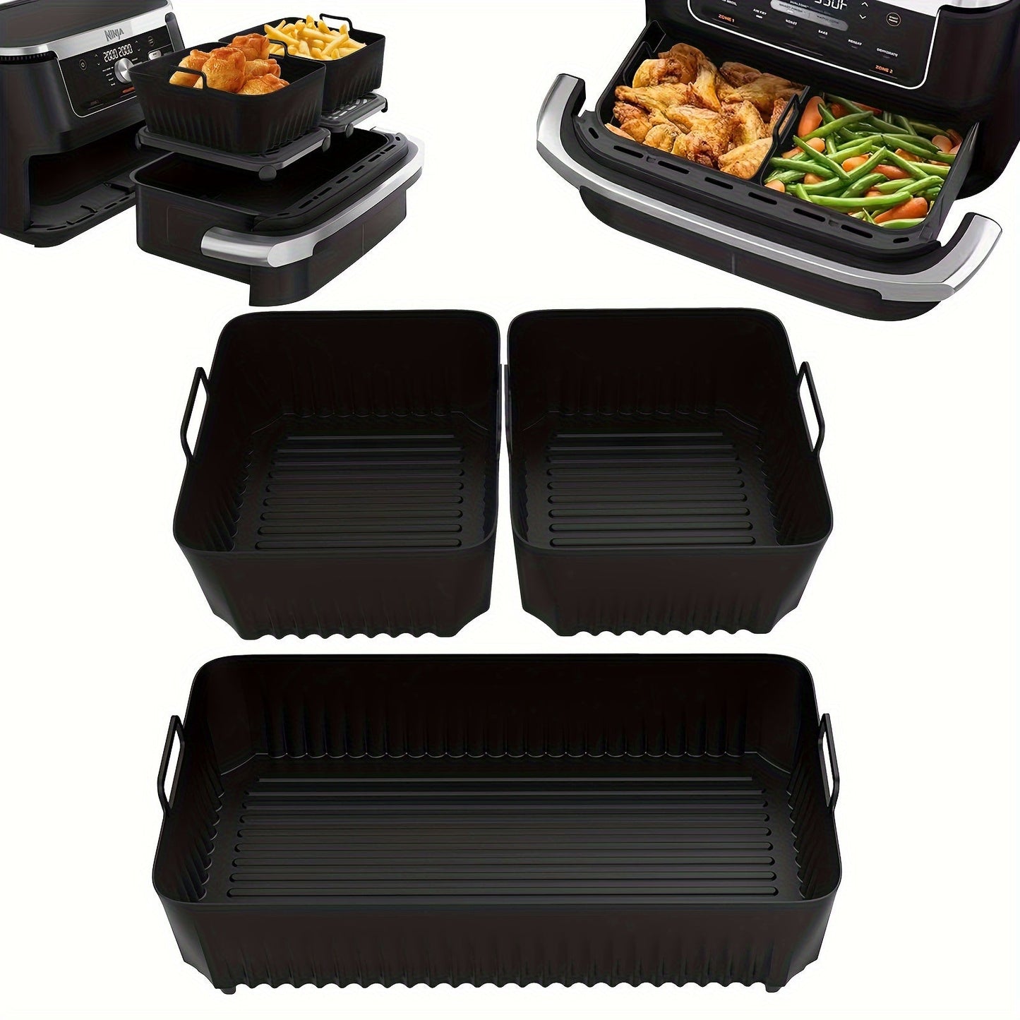 Three piece Ninja AF500 Air Fryer silicone baking trays set, reusable, food-contact safe kitchen and restaurant deep fryer accessories.