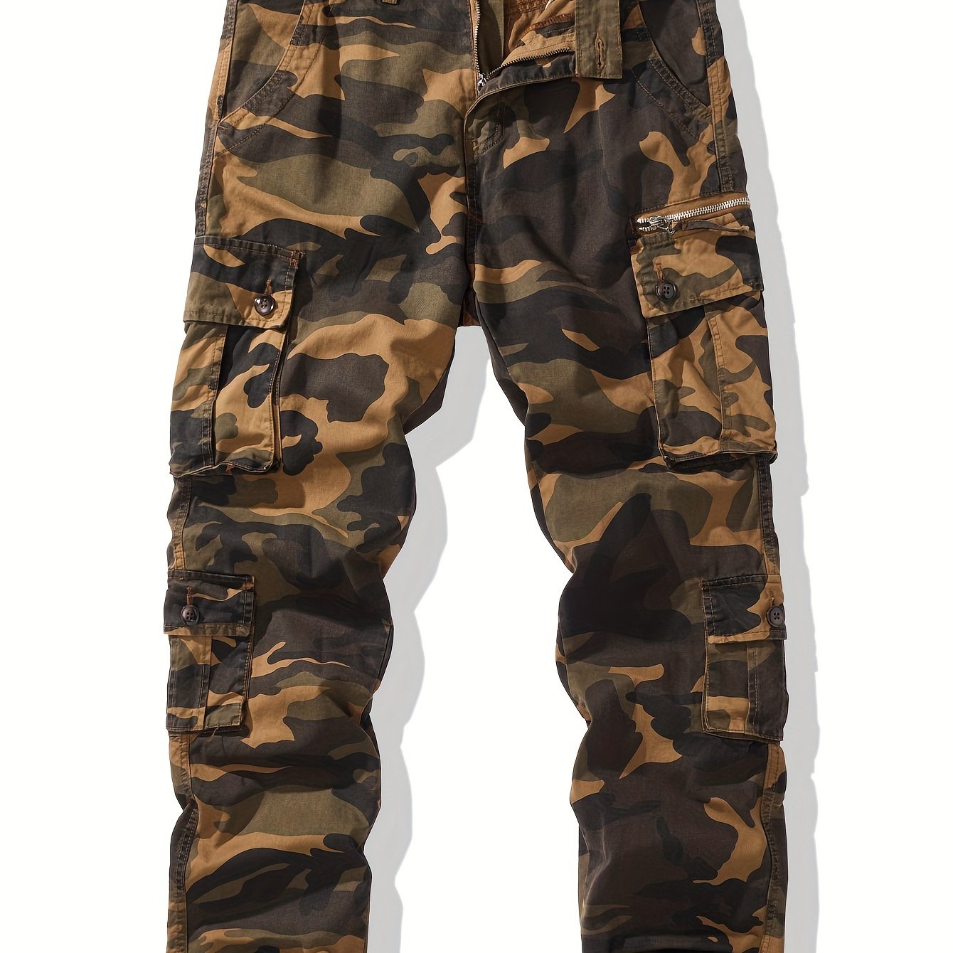 Men's trendy camouflage cargo pants in cotton with a multi-pocket utility design, non-stretch fabric for fall, and plus size options. Ideal for casual streetwear with a smooth texture.